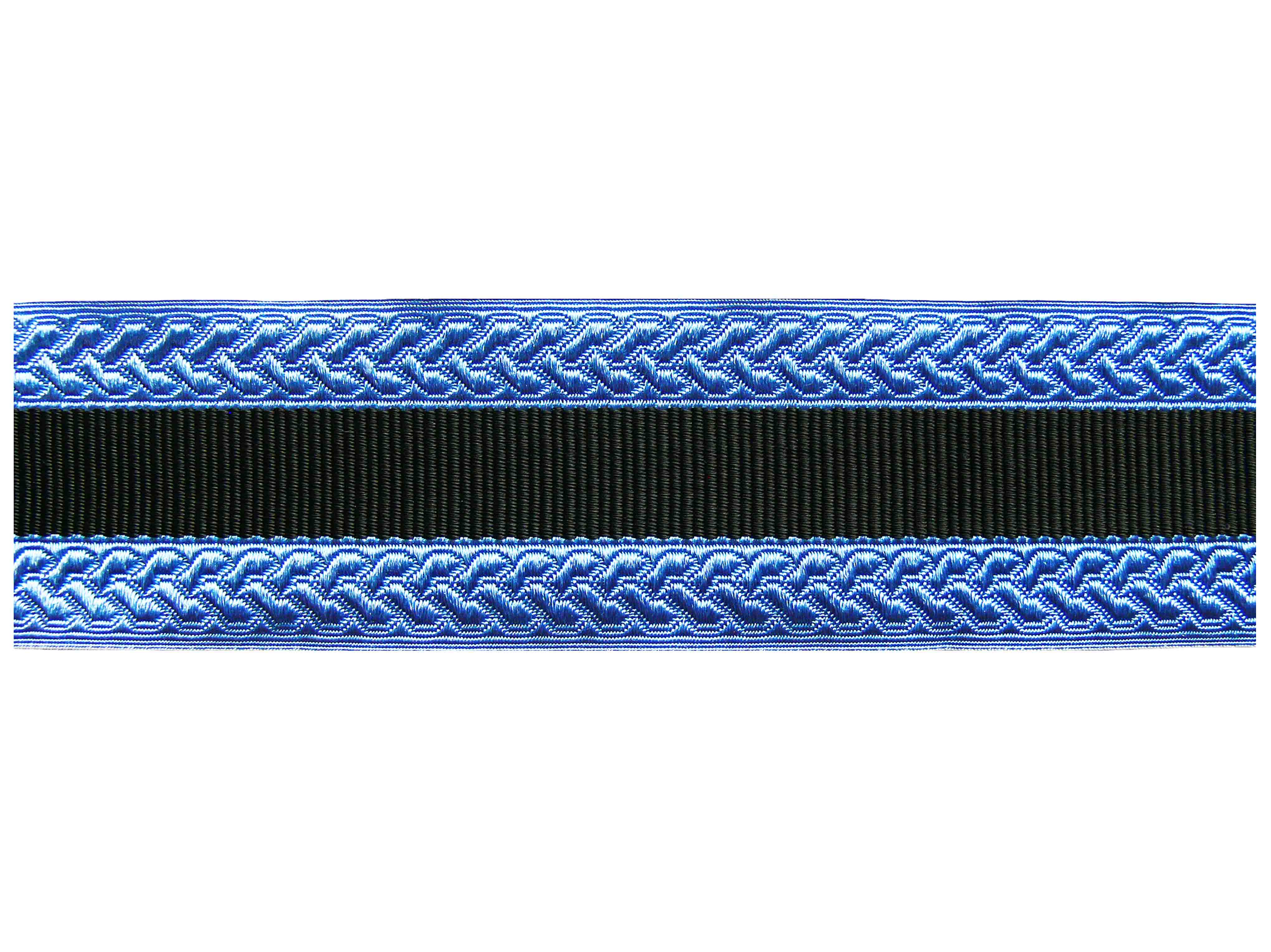 Tresse avec motif en soie artificielle bleu avec large bande noire 48 mm Tresse avec motif en soie artificielle bleu avec large bande noire 48 mm