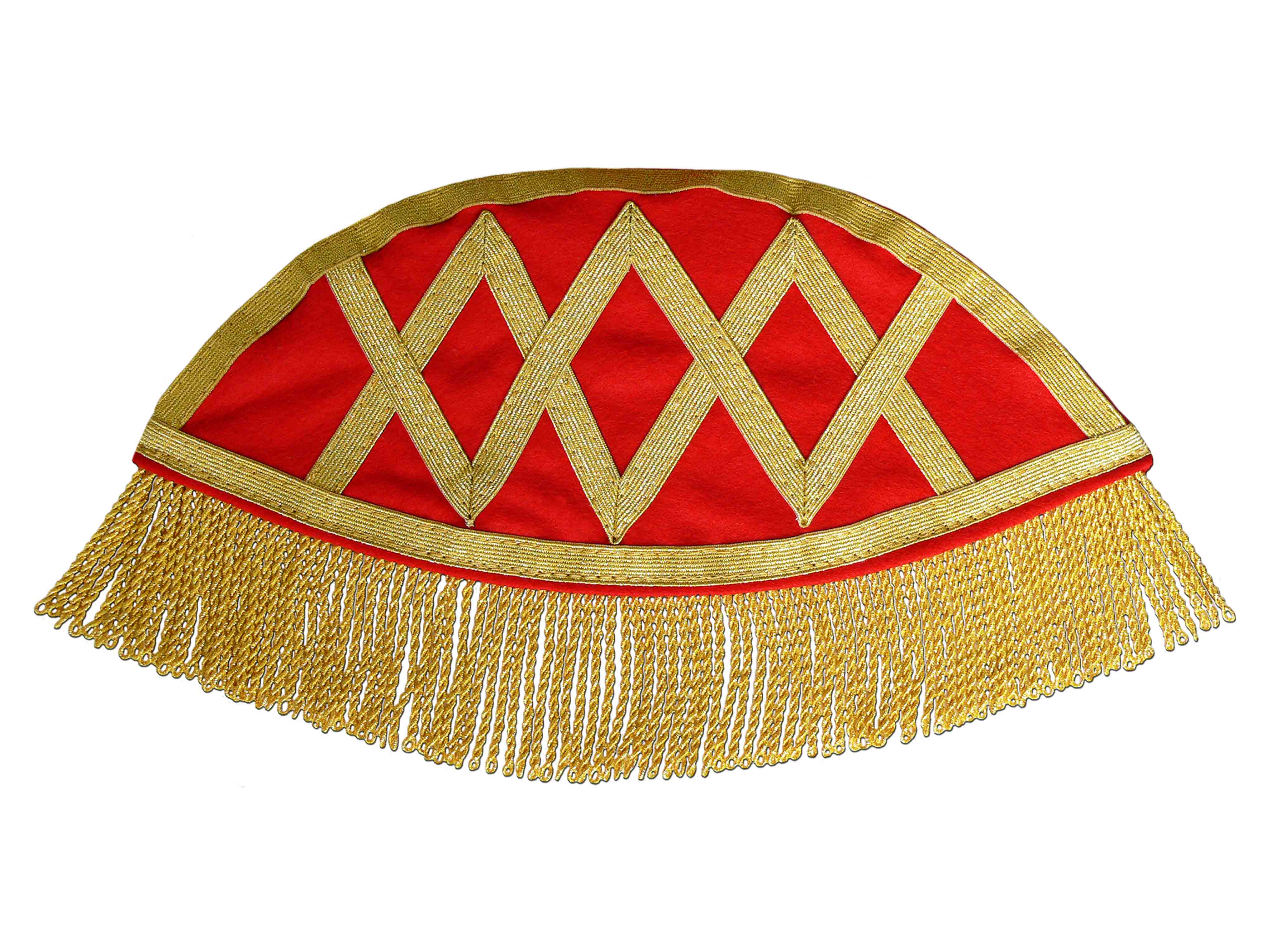 Special edition braid and cord fringes in gold on high red felt Special edition braid and cord fringes in gold on high red felt