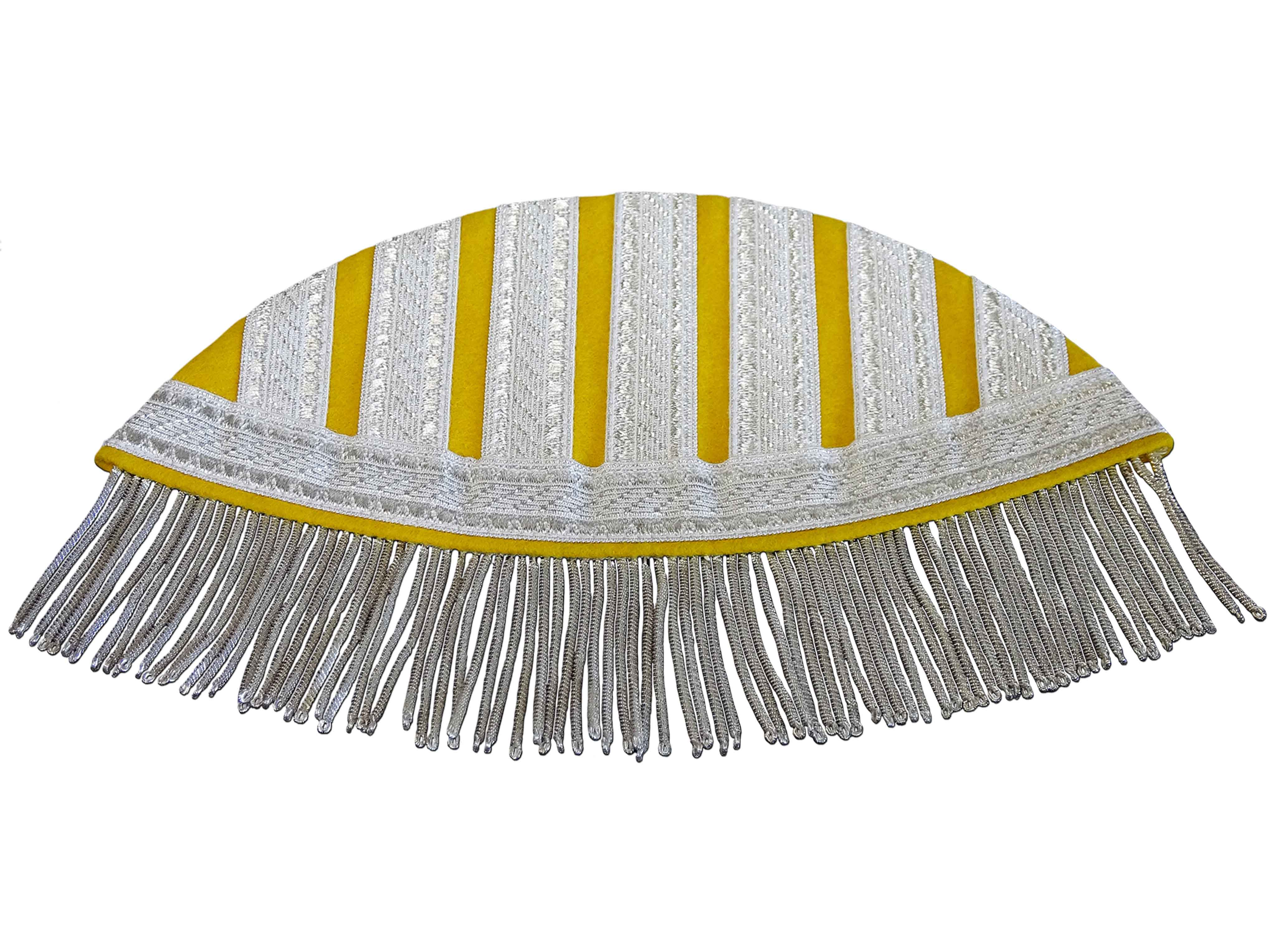 Braid and cord fringes in aluminum color on yellow felt Braid and cord fringes in aluminum color on yellow felt