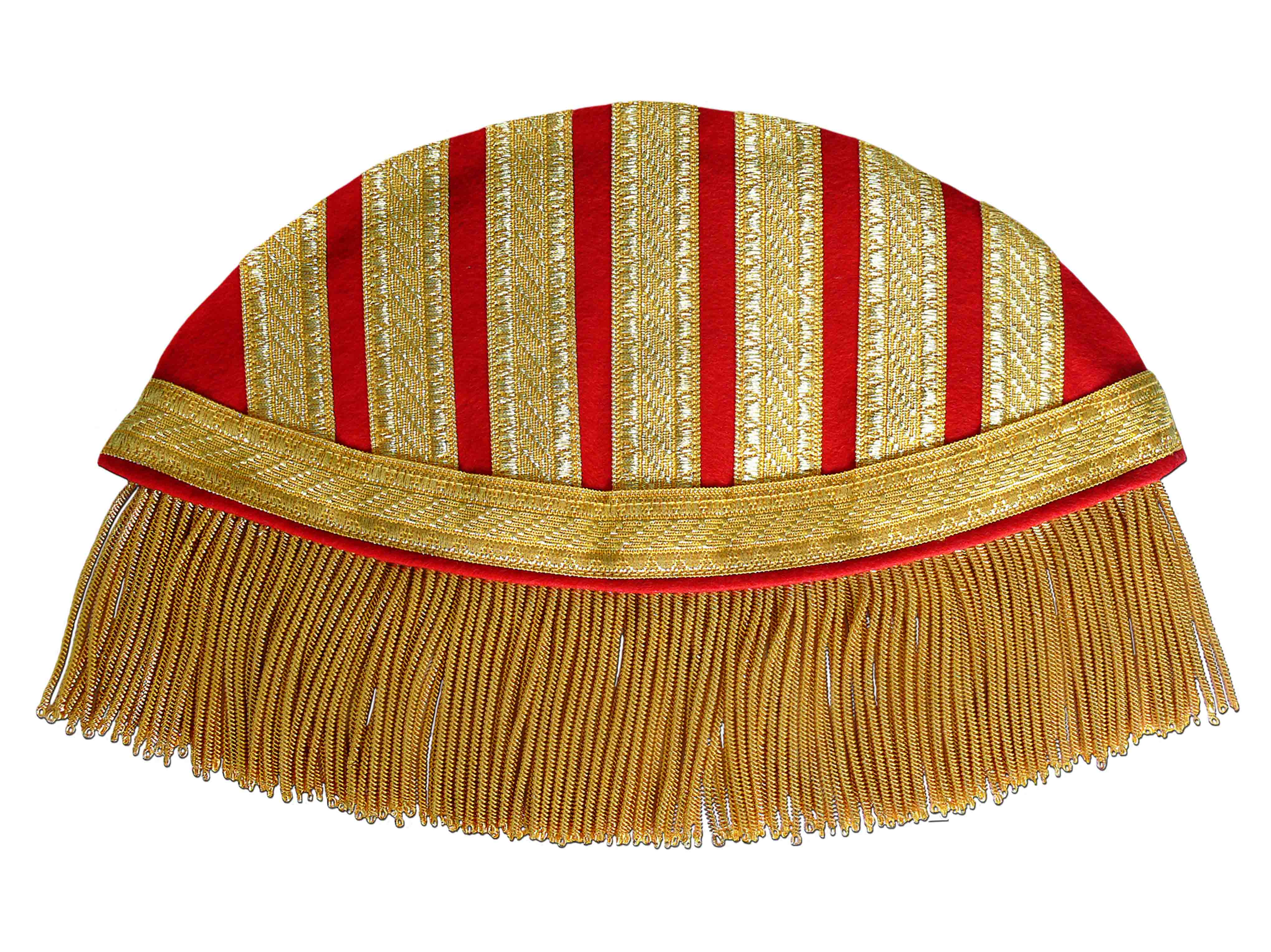 Gold-colored braids and corded fringes on deep red felt Gold-colored braids and corded fringes on deep red felt