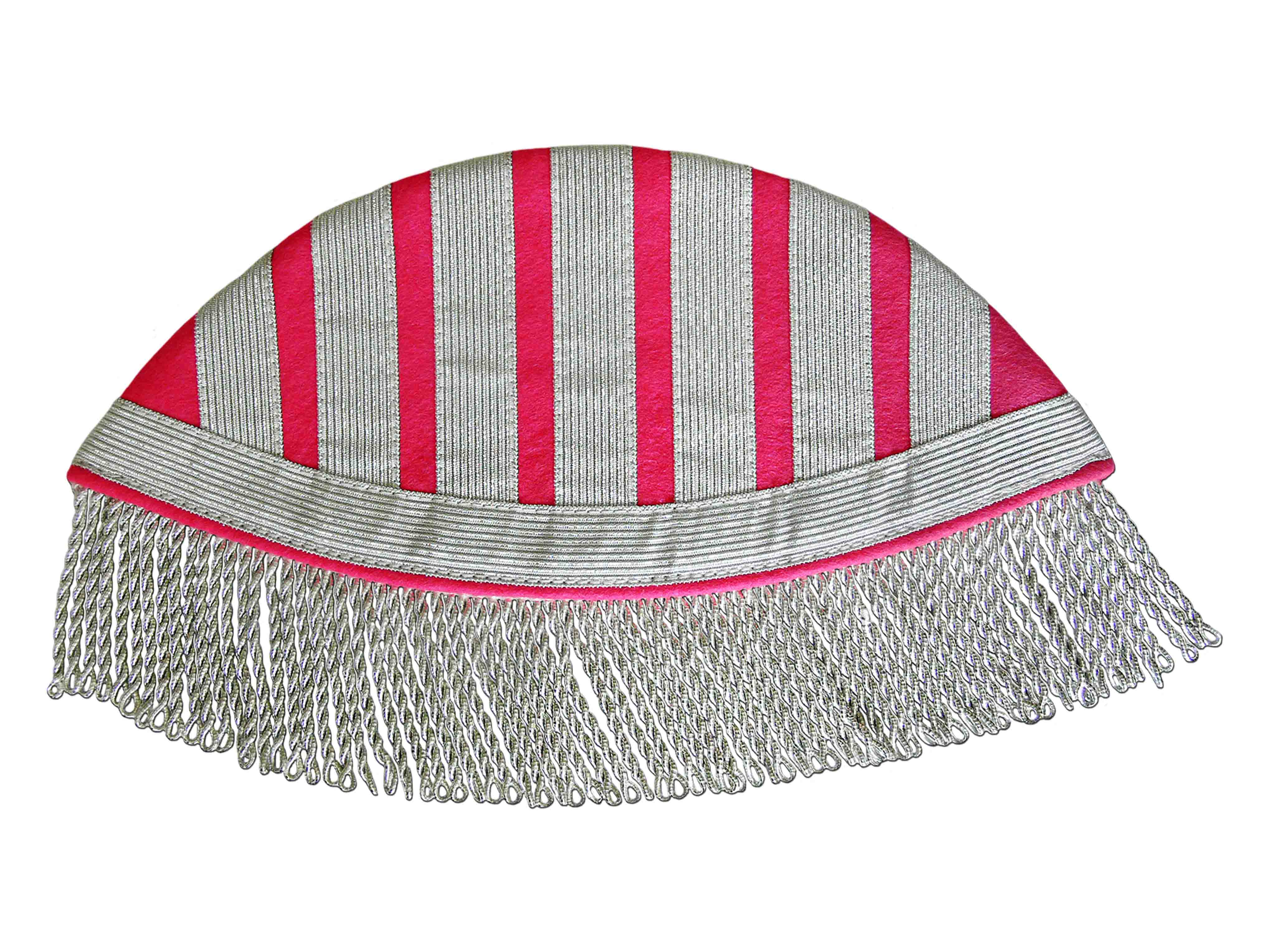 Silver braids and corded fringes on crimson felt Silver braids and corded fringes on crimson felt